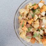 smoked potato salad in a glass bowl