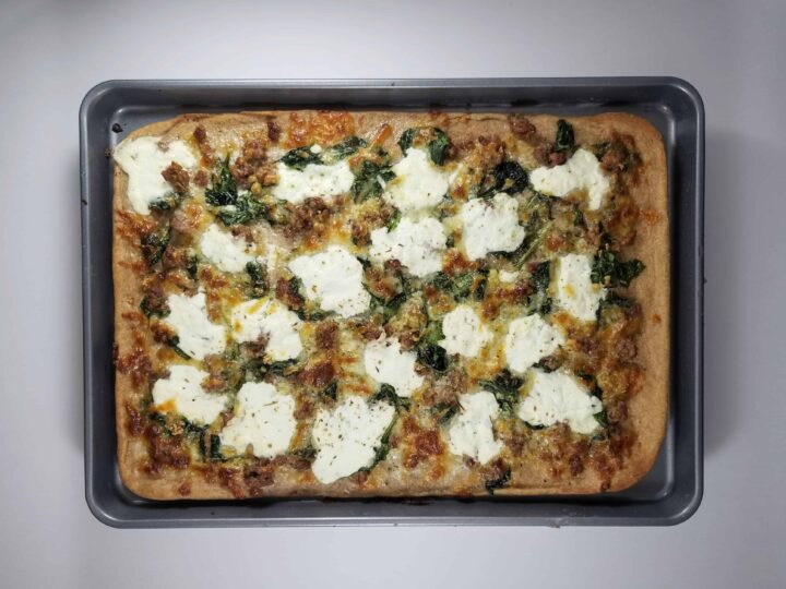 Sausage, Spinach and Ricotta Pizza overhead