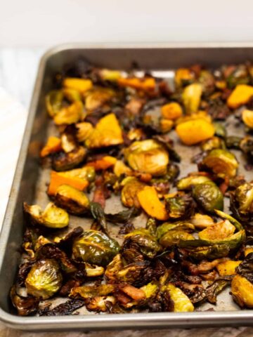 Crispy Brussels Sprouts with Chipotle Butternut Squash and Bacon | Sip and Spice