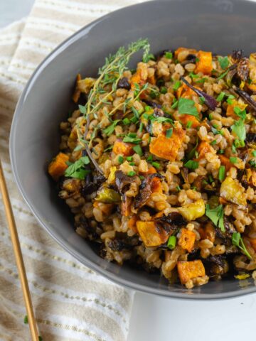 Warm Farro Salad with Sweet Potatoes and Brussels | Sip and Spice