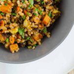 Warm Farro Salad with Sweet Potatoes and Brussels | Sip and Spice