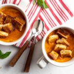 Roasted Tomato Basil Soup with Grilled Cheese Croutons | Sip and Spice