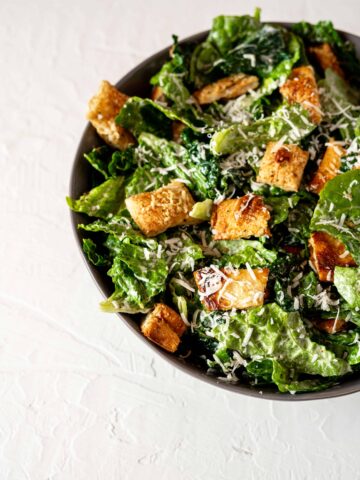 Kale Caesar Salad with Pizza Crust Croutons | Sip and Spice